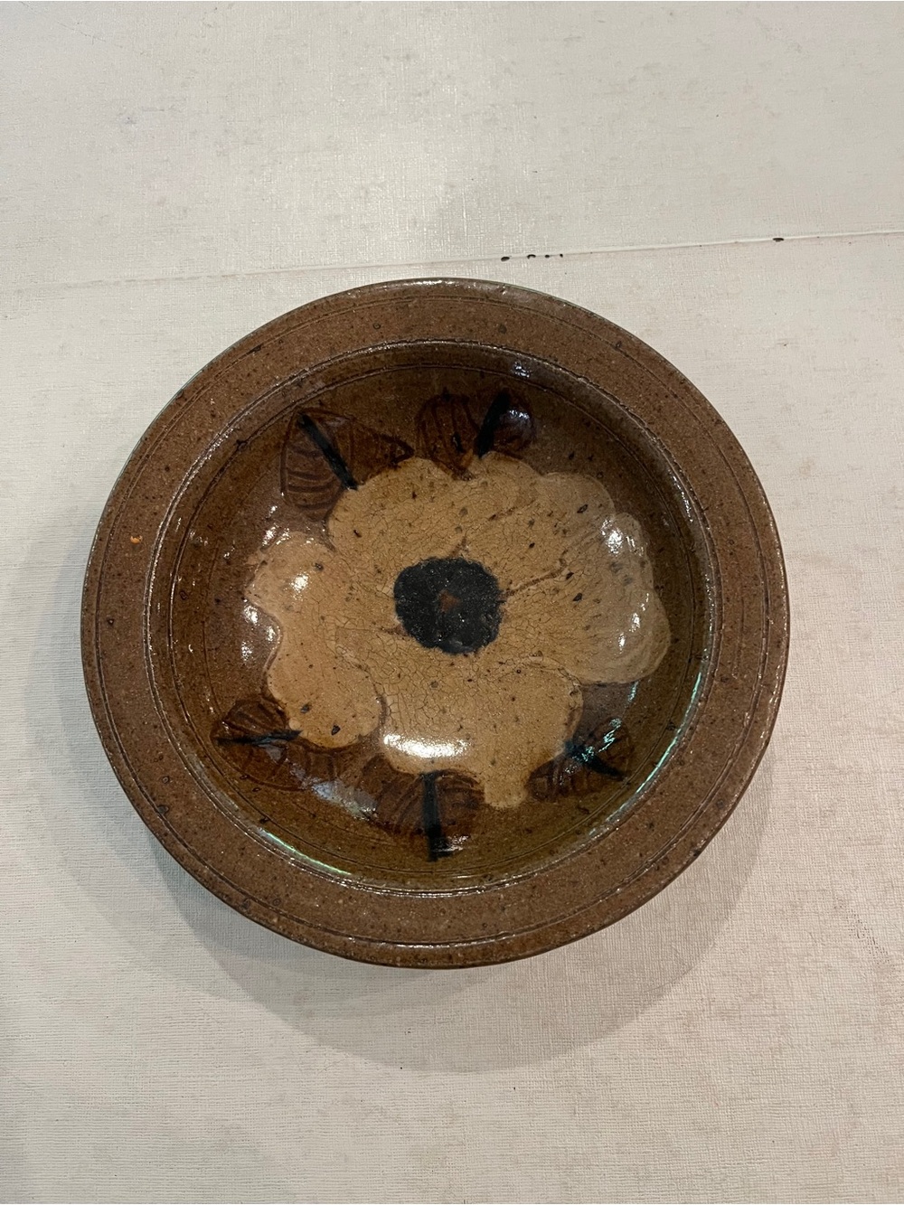 Vintage Handmade Brown magnolia blossom Floral pottery Bowl. Rustic style